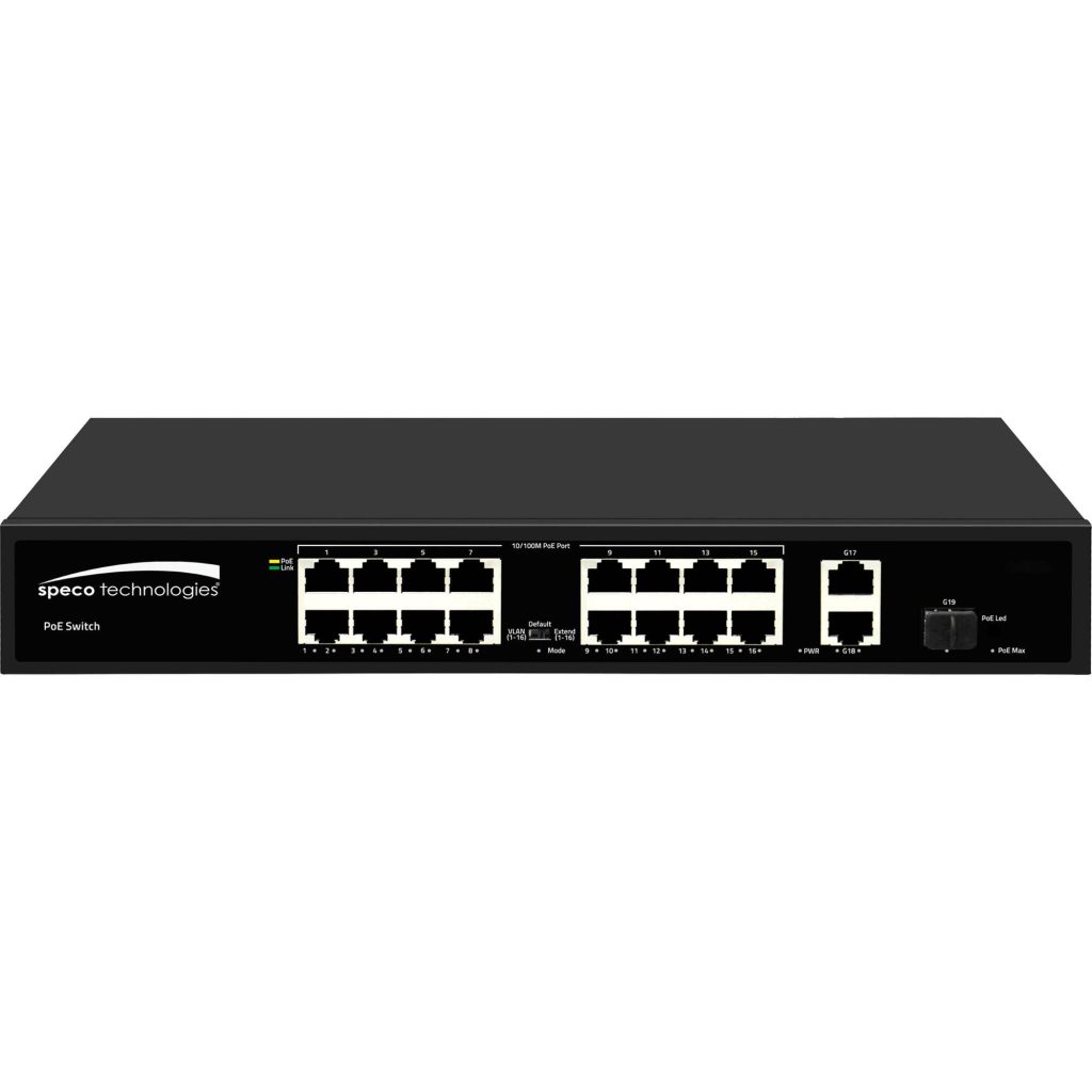 Switch PoE Speco P16S182 16 Ports Megabit with 2 Ports Gigabit Uplink